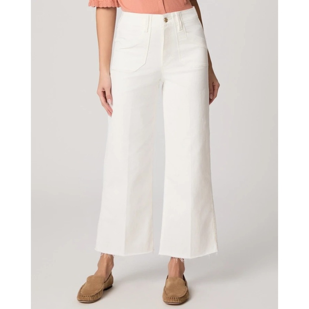 PAIGE Anessa Wide Leg Jeans Women 30 Tonal ECRU Raw Hem High Rise $249